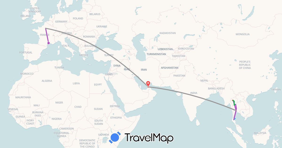 TravelMap itinerary: driving, bus, plane, train, hiking, boat, hitchhiking in United Arab Emirates, France, Thailand (Asia, Europe)